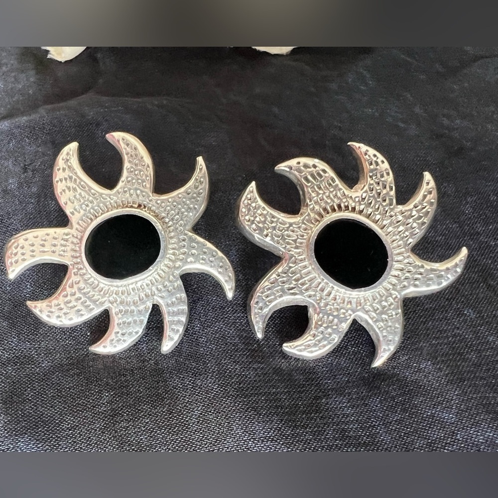 Sterling Silver 925 Sunburst Stud Earrings Black Onyx Center – 1” Vintage - Picture 2 of 5